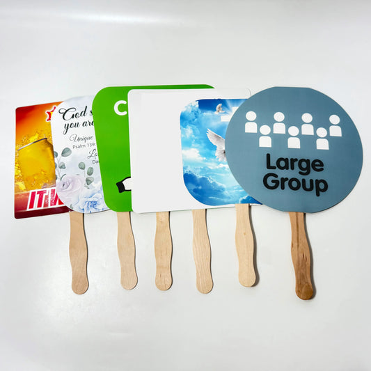 Set of 6 custom printed promotional hand fans on a white background. Ideal customizable giveaway for business advertising and corporate events.
