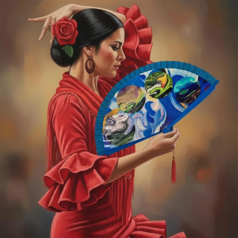 Flamenco fan featuring an elegant, abstract bohemian drawing, held by a dancer in traditional Spanish red dress. A performance prop and decorative handcraft.