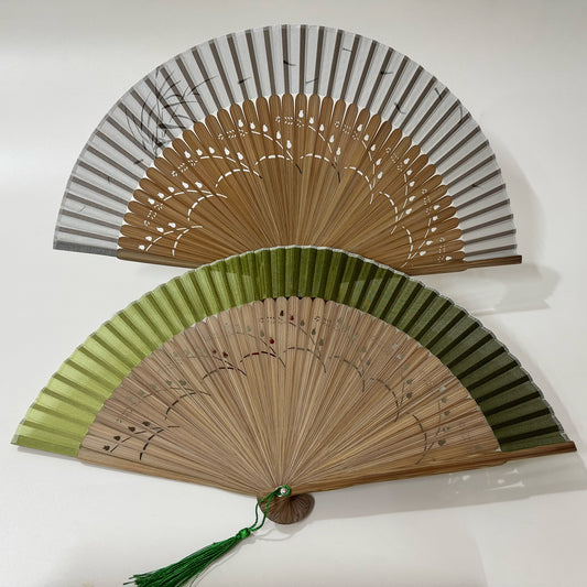 2 Pomegranate flower carved bamboo folding fans.