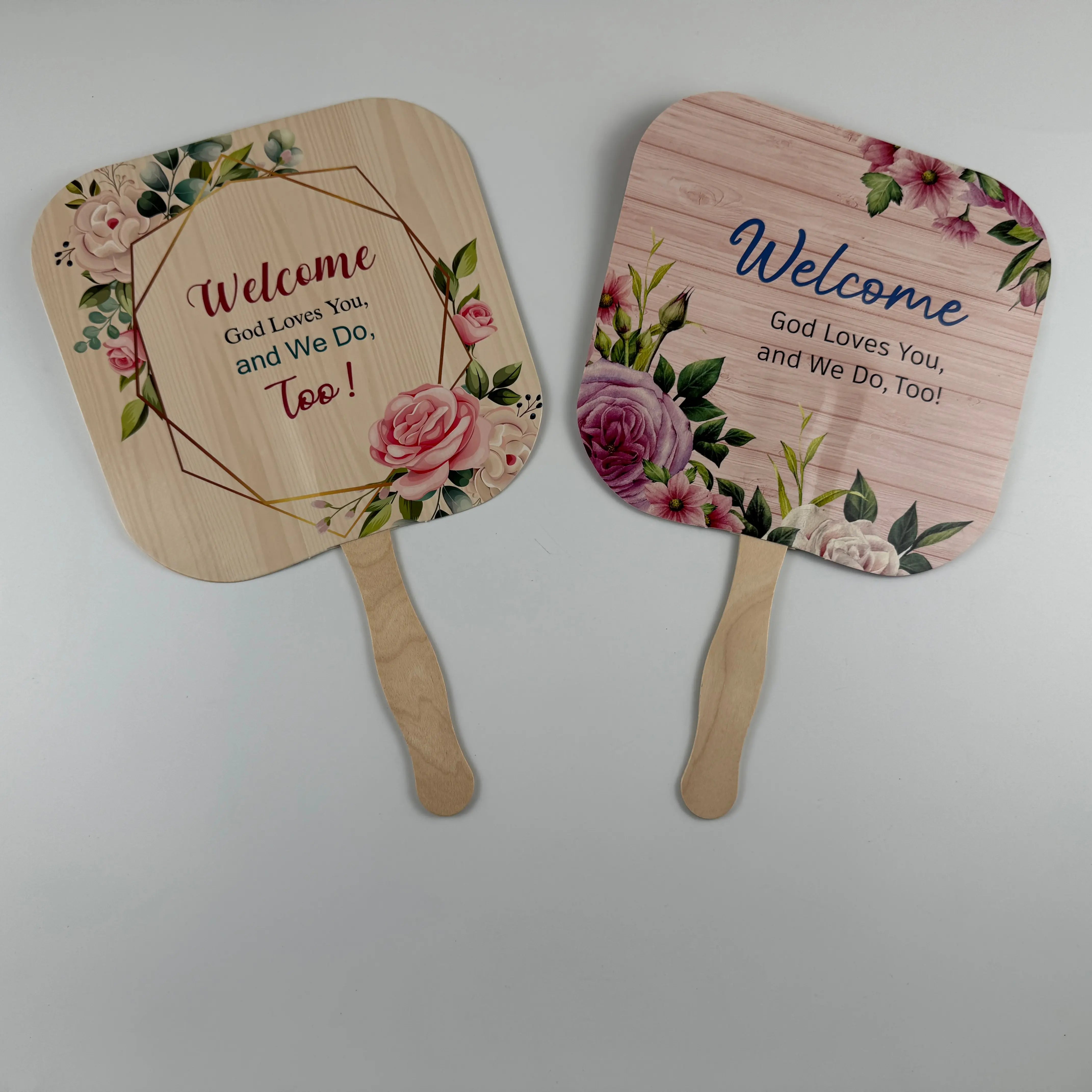 2 elegant church fans arranged on a clean white background. Ideal for worship services, weddings, funerals, Bible studies, and other church gatherings.