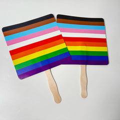 Pair of rainbow custom printed promotional hand fans on white background. Perfect for Pride parades, LGBTQ+ events, and festivals.