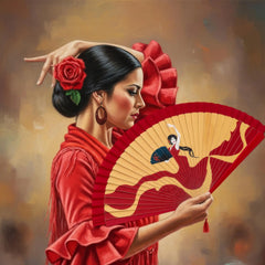 Flamenco dancer in a red traditional dress holding a Spanish fan painted with a picture of another Flamenco dancer holding a fan as well.