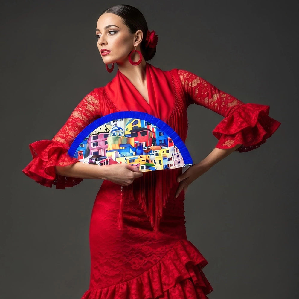 Flamenco fan featuring Andalusian architecture, held by a dancer in traditional Spanish red dress. A performance prop and decorative handcraft.