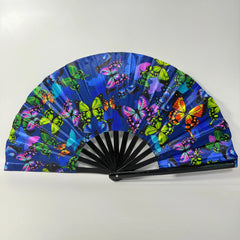 Vibrant butterfly clacking fan, perfect for dance props, rave events, and line dancing (like the "Boots on the Ground" routine).
