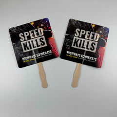 Custom printed promotional paper fans with car speed limit related graphics. Ideal for road safety campaigns and driver education.